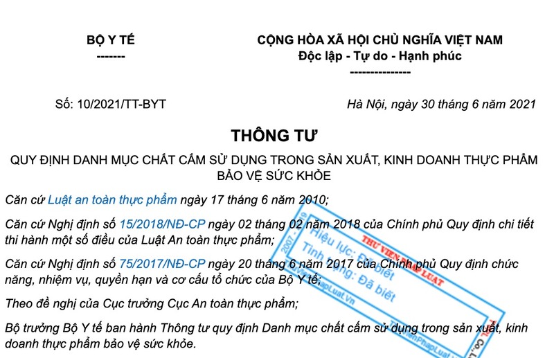 Thông tư ban hành về các thành phần bị cấm trong TPCN